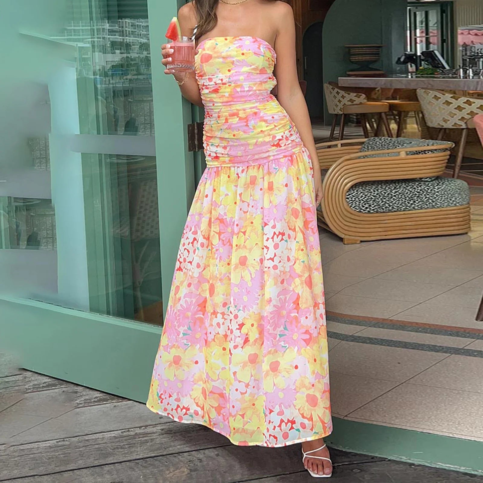 Strapless Pleated ALine Floral Dress