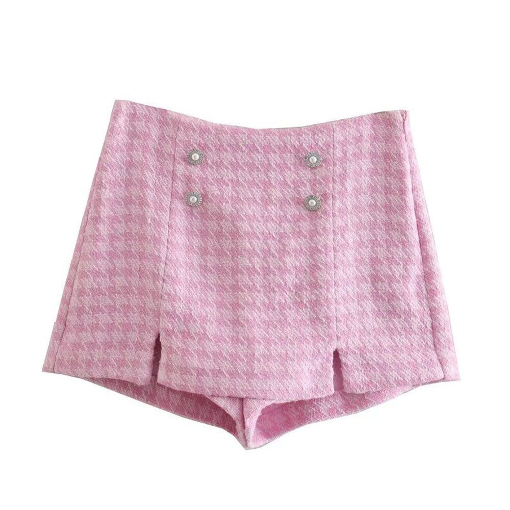 Pink Double Breasted Houndstooth Tweed Crop Blazer Mini Skirt Set