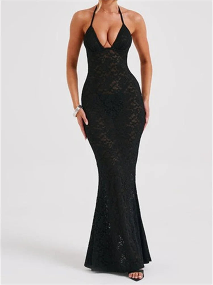 Sexy Women Lace Sexy Mesh See Through Summer Off Shoulder V-neck Halter Black Beach Female Vestidos