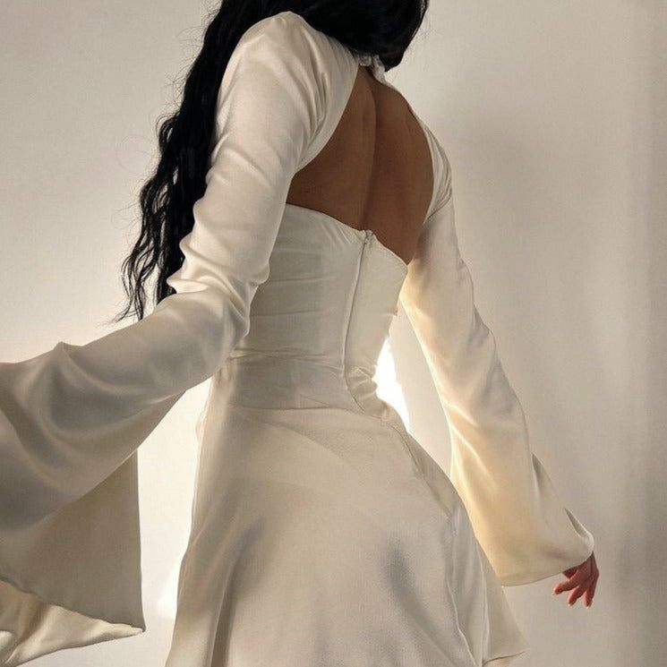 White Halter Neck Cut Out Flare Sleeve Satin Ruched Bodycon Mini Dress