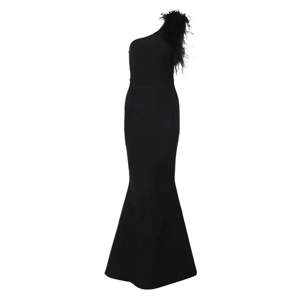 Black One Shoulder Feather Trim Mermaid Maxi Gown 7
