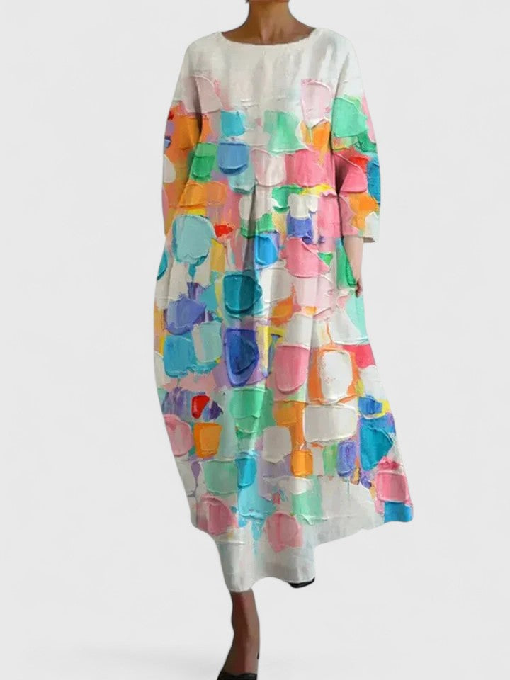 Round Neck Three-Quarter Sleeve Botanical Floral Print Cocoon Midi Dress