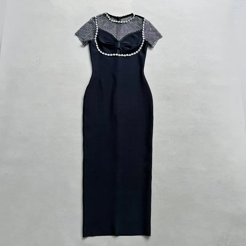 Black Diamante Evening Midi Dress