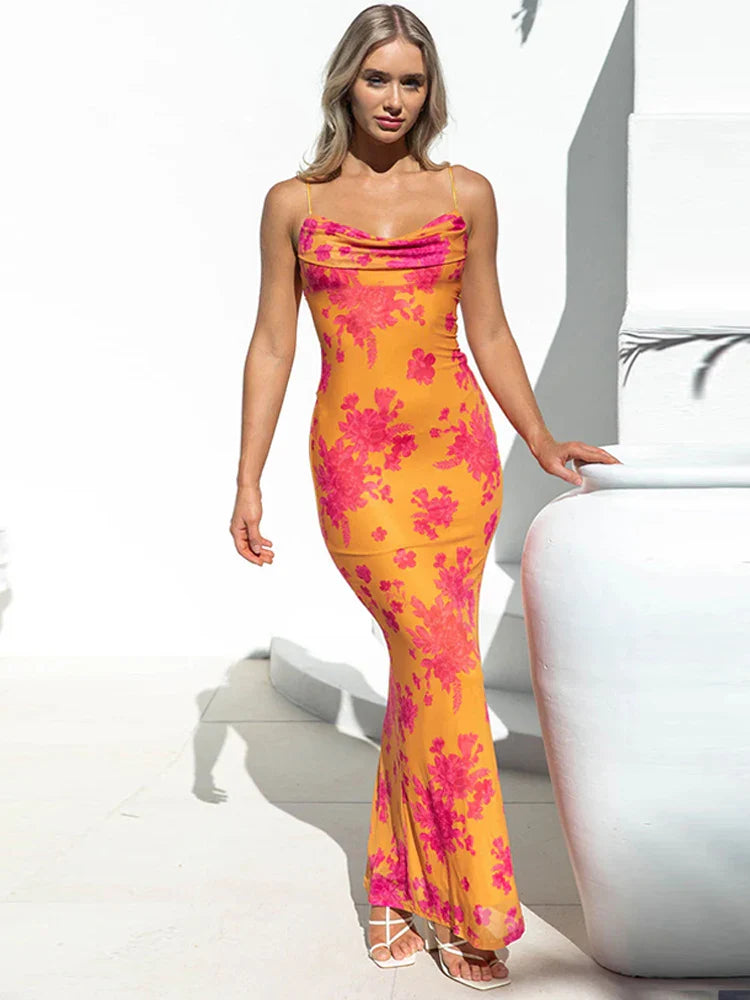 Spaghetti Strap Collar Floral Dress