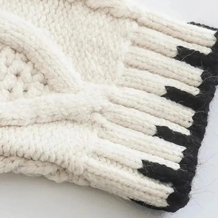 Beige Turtleneck Cable Knit Contrast Stitch Chunky Sweater