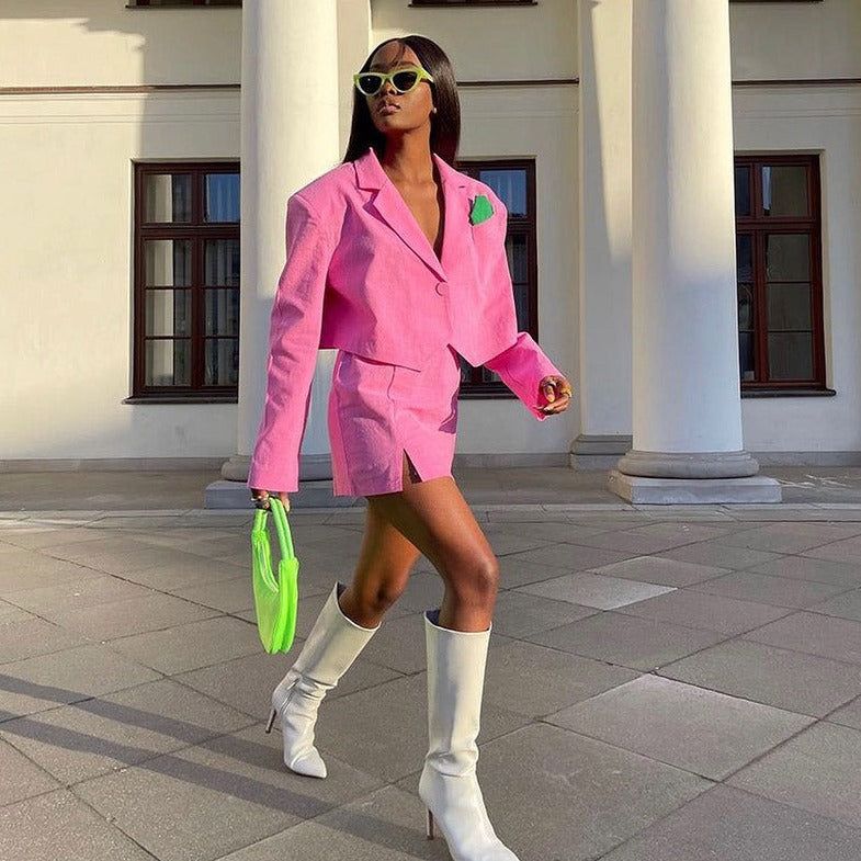 Pink Lapel Cropped Blazer Bralette Slit Mini Skirt Set