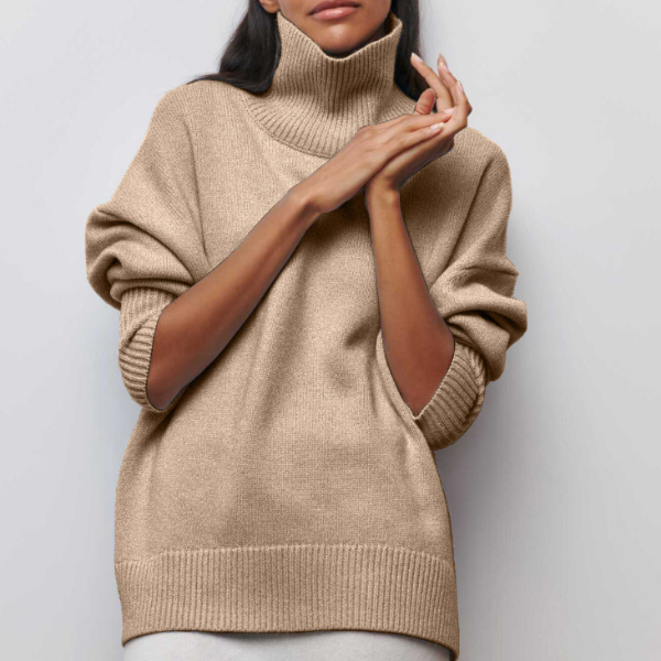 Turtleneck Ribbed Trim Short Sleeve Oversized Knit Sweater 3