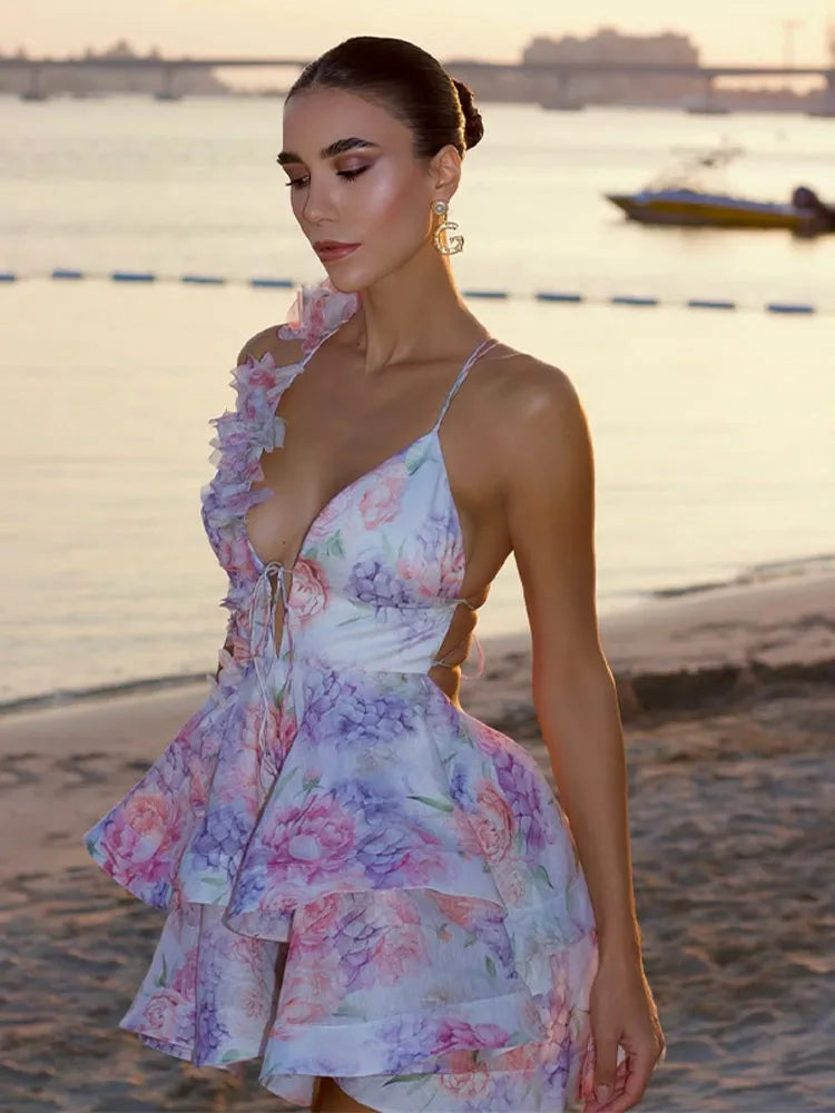 Ruffle Laceup Sleeveless Floral Dress