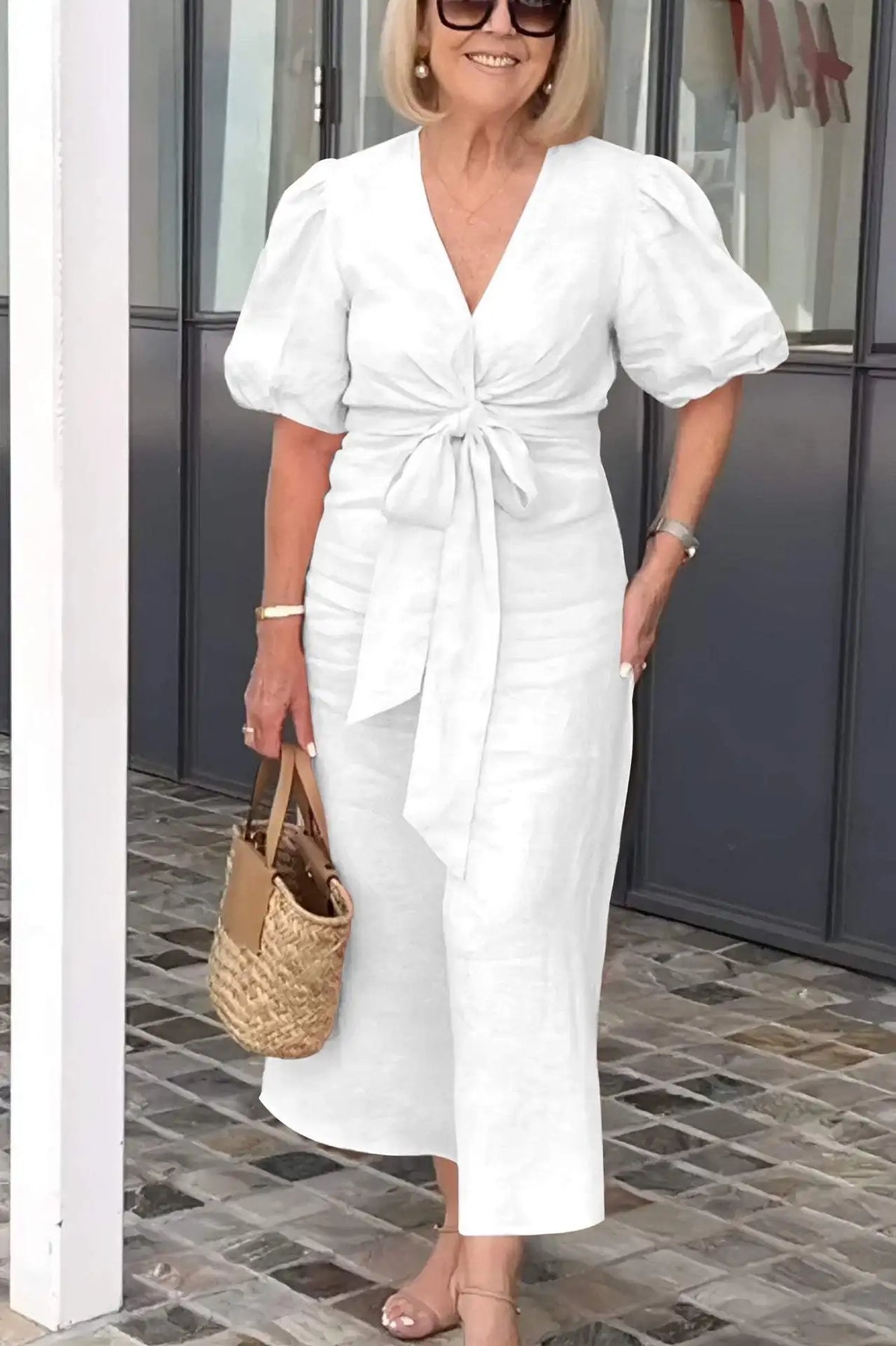 V-Neck Puff Sleeve Tie Front Linen Maxi Dress