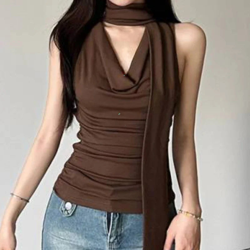 Solid Sleeveless VNeck Bandage Cami Top