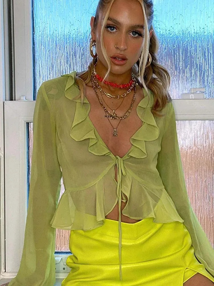 Deep V Ruffled Green Chiffon Sheer Top