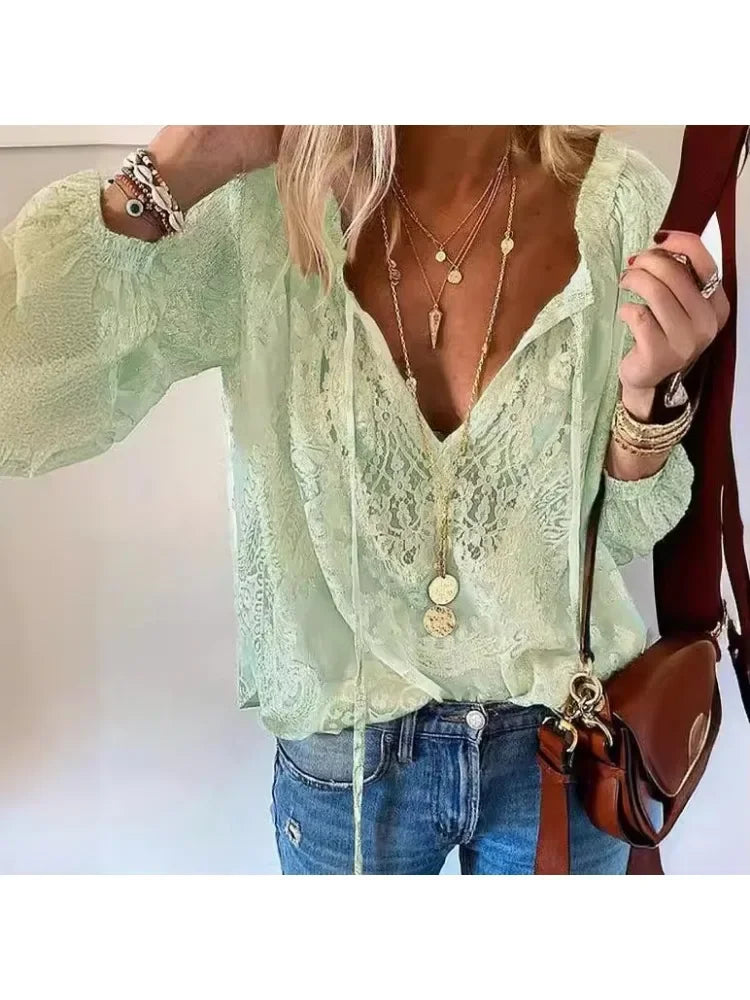 Vintage Button Laceup Long Sleeve Blouse