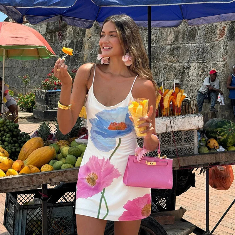 Oneck Sleeveless Strap Floral Dress