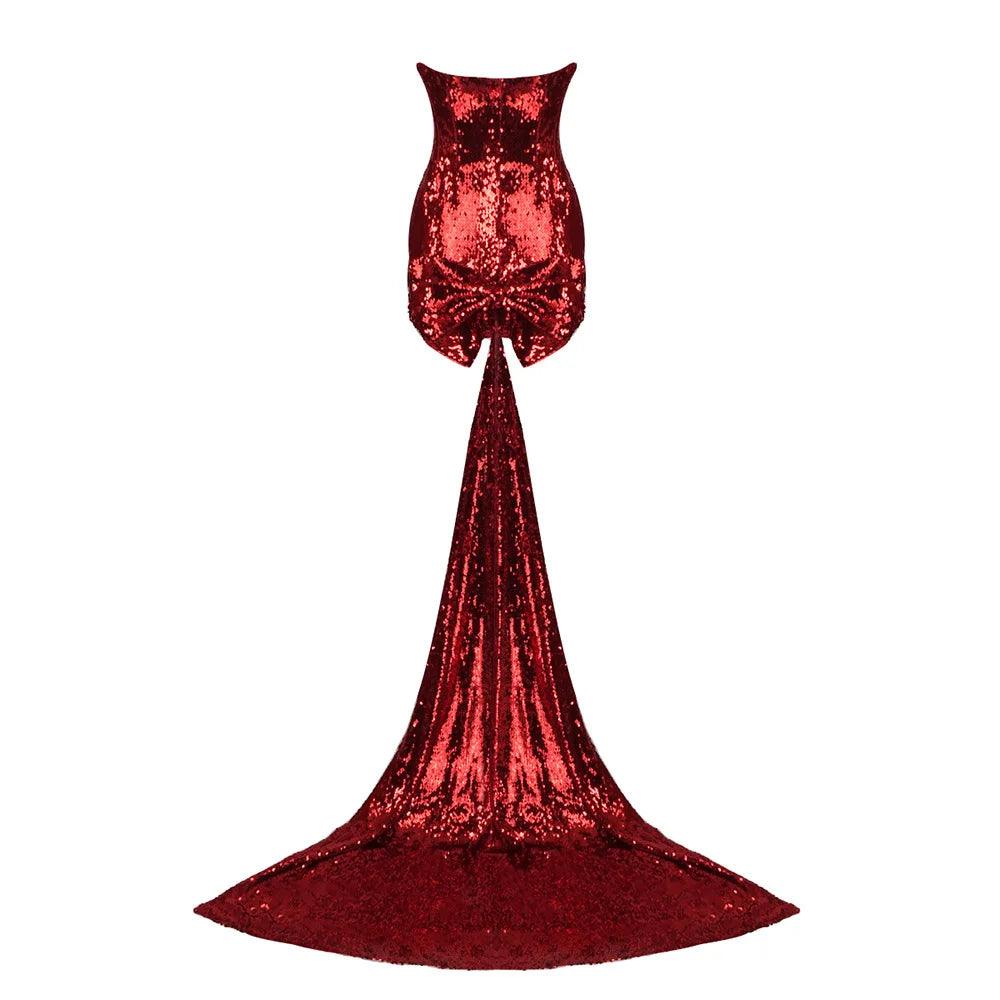 Red Strapless Backless Sequin Bow Train Bodycon Mini Dress 15