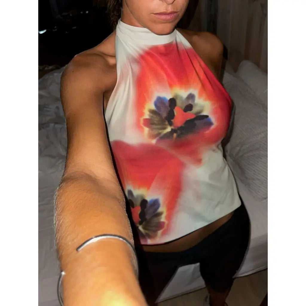 Y2K Button Closure Halter Backless TieDye Cami Top