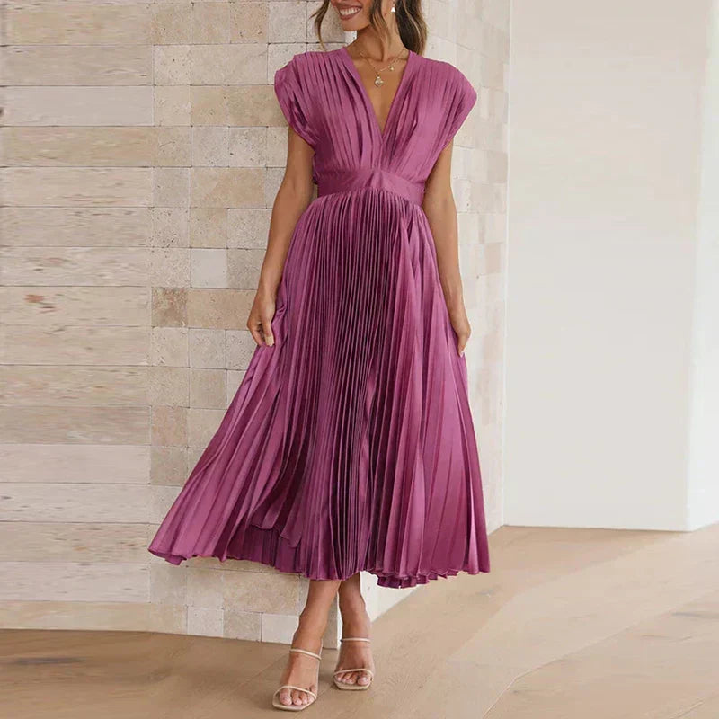 V-Neck Cap Sleeve Pleated Satin A-Line Midi Dress