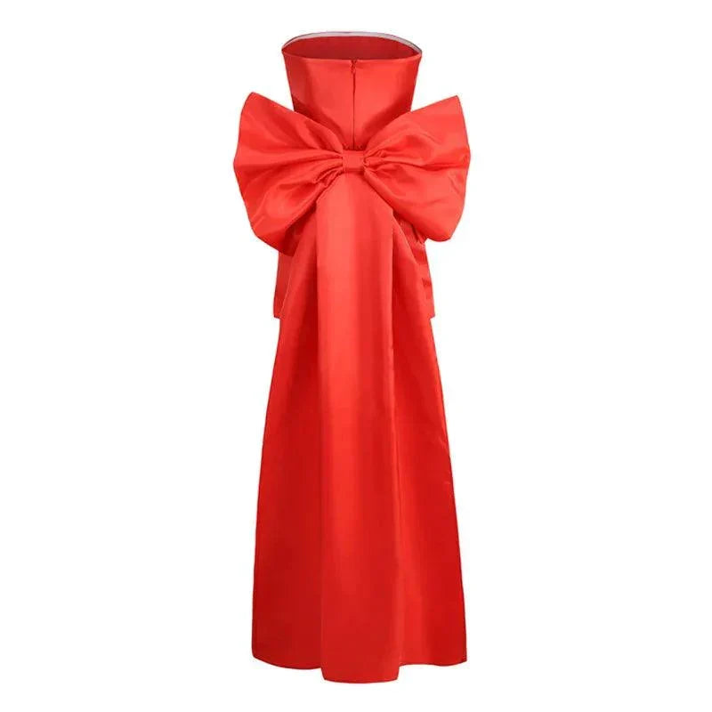 Strapless Ruched Oversized Bow Satin Bodycon Mini Dress 16