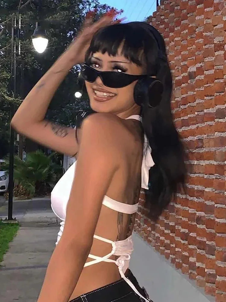 White Hollow Halter Crop Top