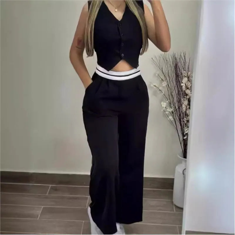 VNeck Pocket Straight Pant Suit