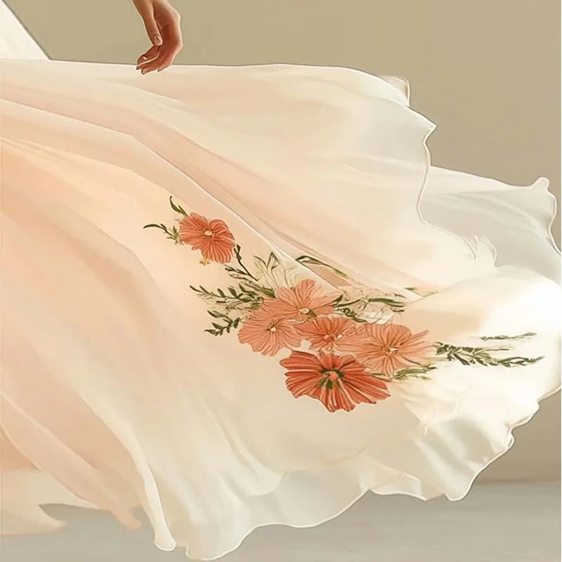 Pink V-Neck Flutter Sleeve Floral Embroidered Chiffon Flowy Maxi Gown