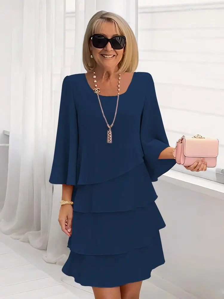 Round Neck Bell Sleeve Chiffon Tiered Layered A-Line Midi Dress 2