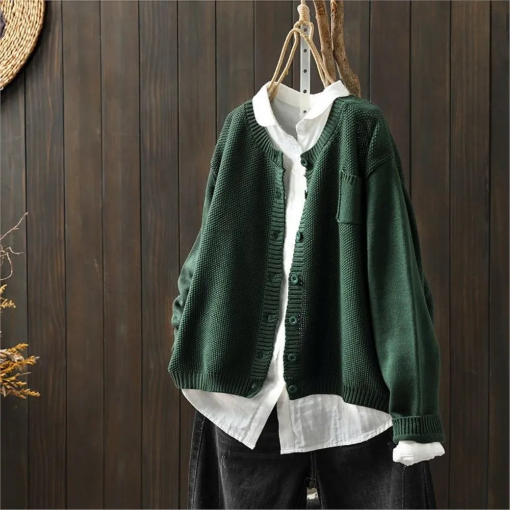 Round Neck Button Front Pocket Long Sleeve Knit Cardigan