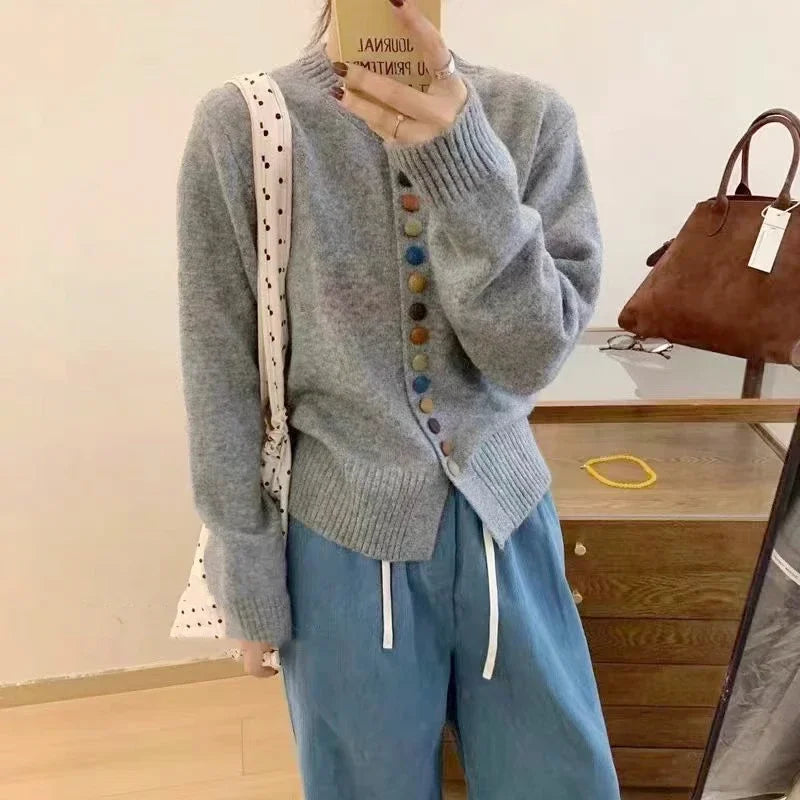 Round Neck Multicolor Button Knit Long Sleeve Cardigan