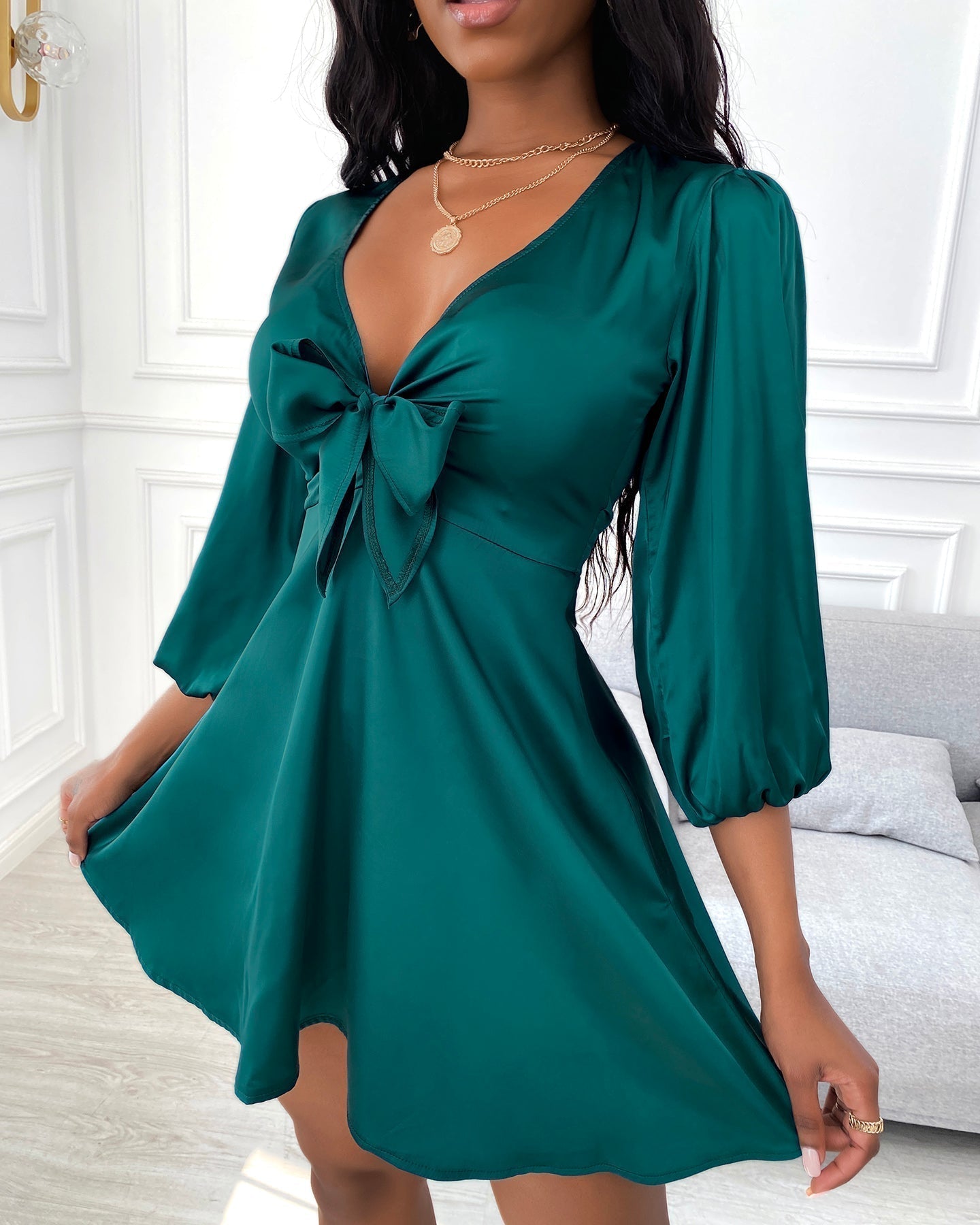 Orietta Green Satin Dress with Bow for Women Party Night Style