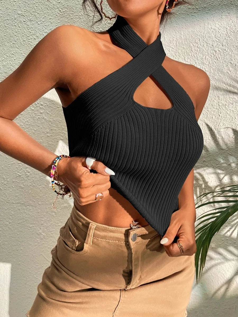 Heart Criss Cross Ribbed Knit Y2K Cami Top