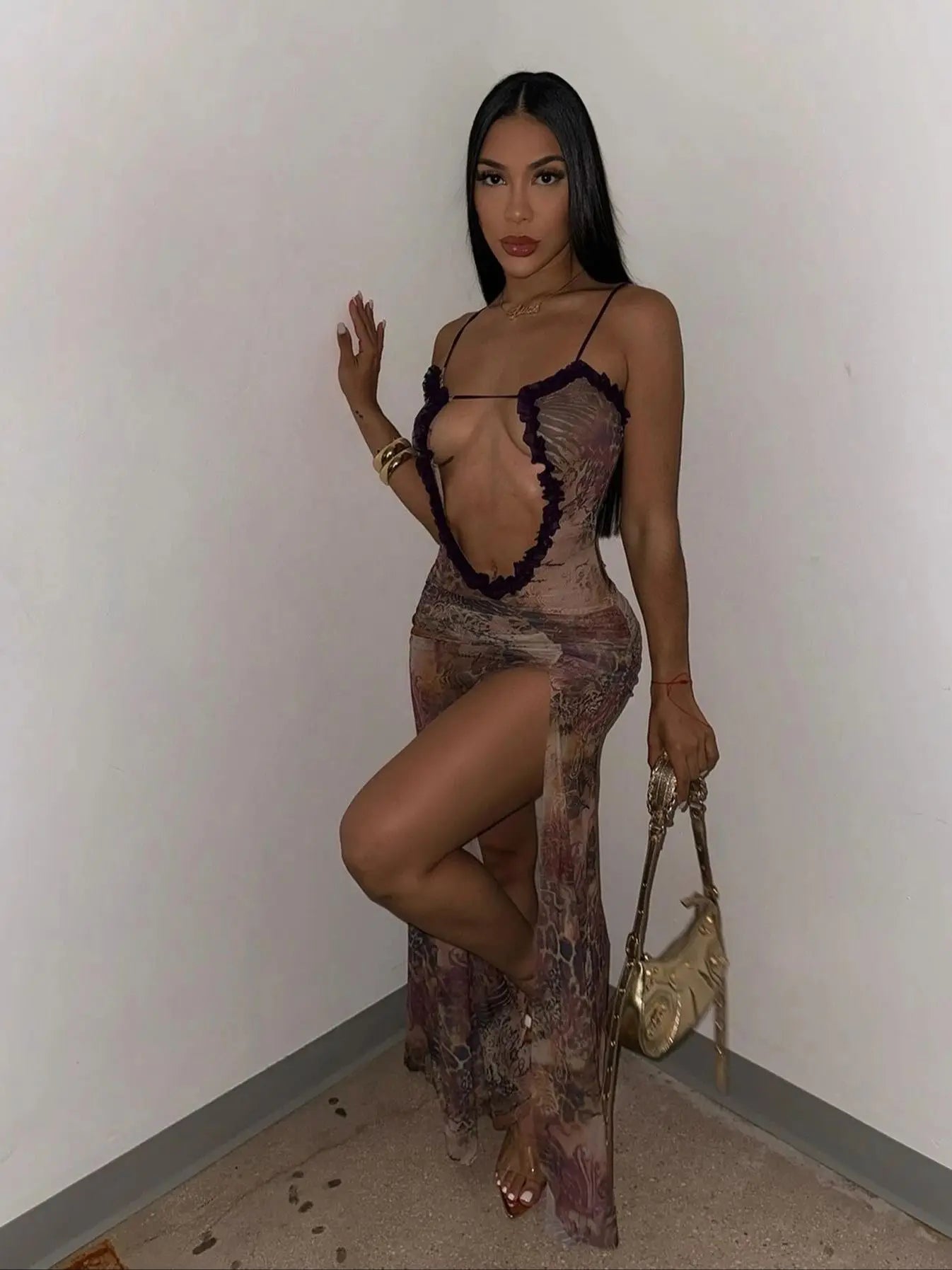 Sheer Mesh Laceup Black Maxi Dress