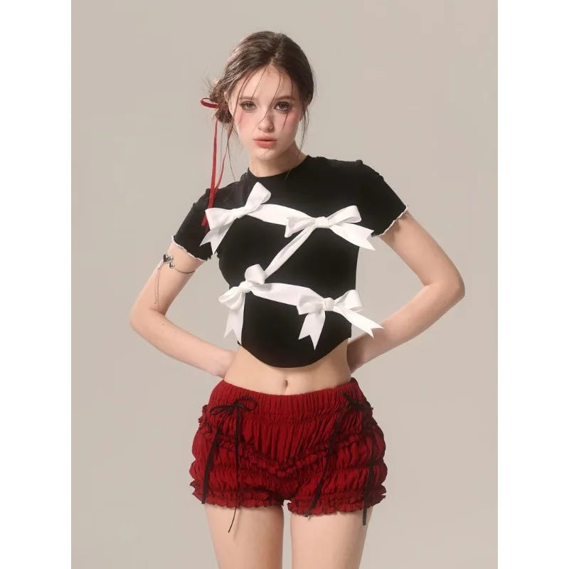 Bow Decoration Black Slim Tshirt