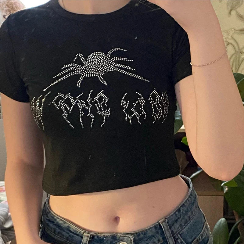 Spider Rhinestone Slim Crop Tshirt