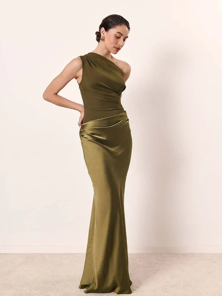 One-Shoulder Ruched Satin Mermaid Maxi Gown 4