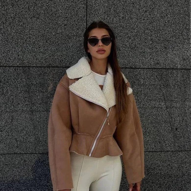 Shearling Lapel Zip Front Peplum Faux Leather Jacket