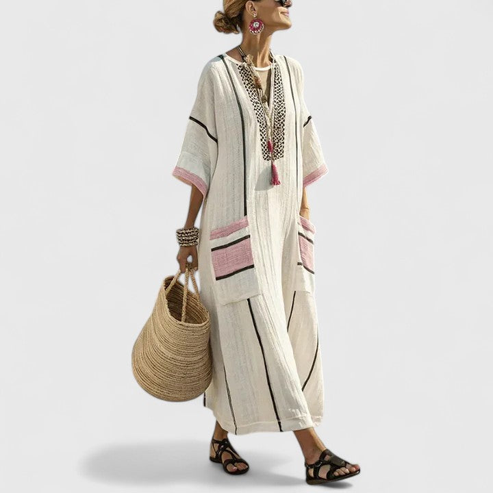 Split Neck Embroidered Striped Pocket Kaftan Maxi Dress