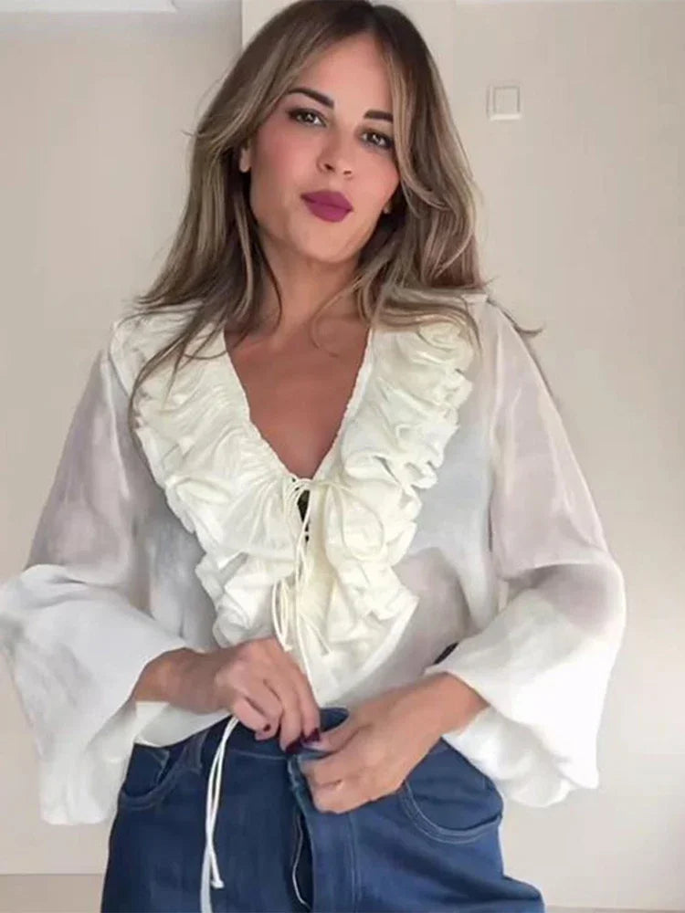Women Ruffles Lace Up White Vneck Flared Blouse