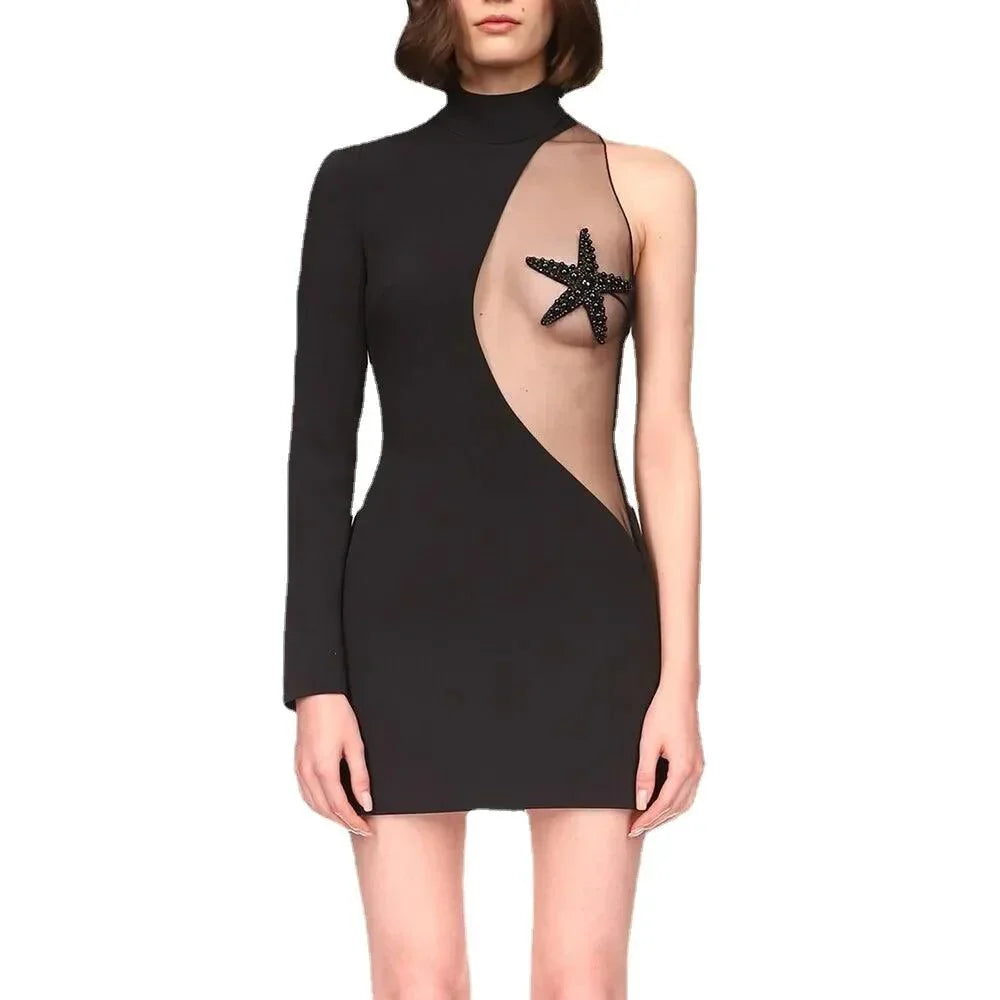 Black Mock Neck One Sleeve Starfish Patch Mesh Cutout Bodycon Mini Dress