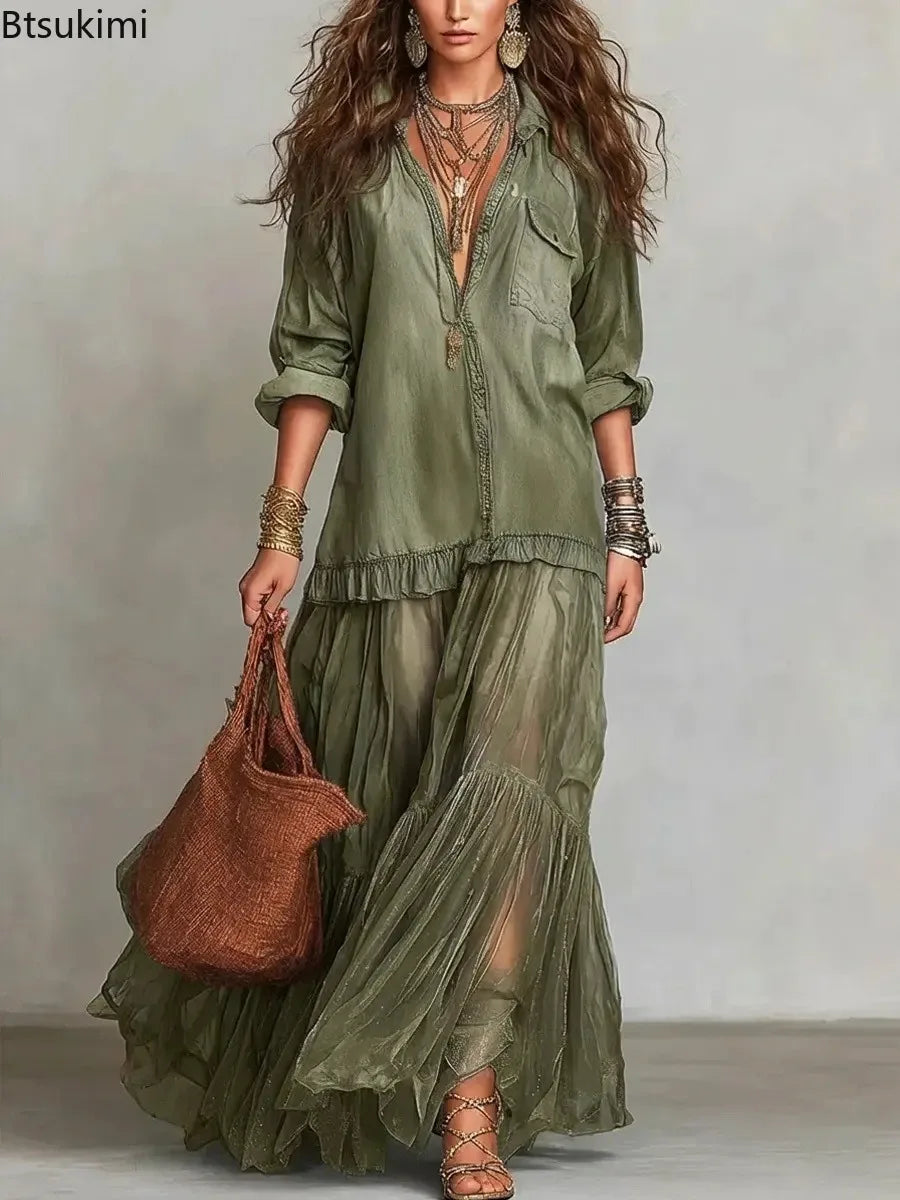Collared Button Front Long Sleeve Denim Tulle Ruffle Maxi Dress 2