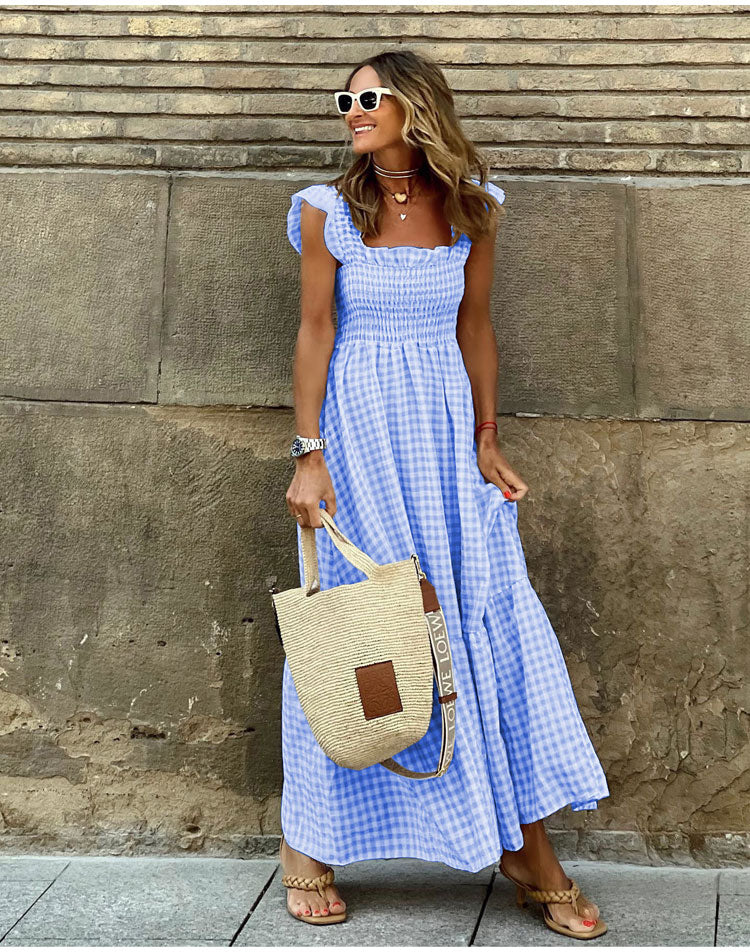 Square Neck Ruffle Strap Smocked Gingham Tiered Maxi Dress 7