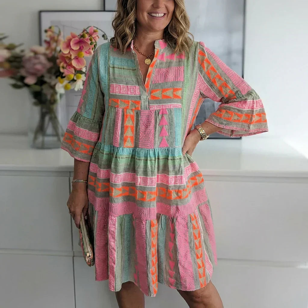 Split Neck Geometric Print Bell Sleeve Tiered Mini Dress 5
