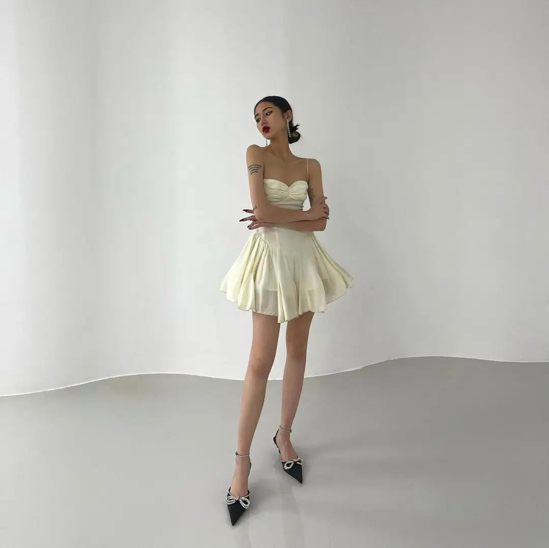 Ivory Spaghetti Strap Sweetheart Ruched Bubble Hem A-Line Mini Dress 4