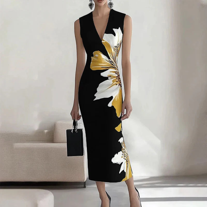 V Neck Office Maxi Floral Dress