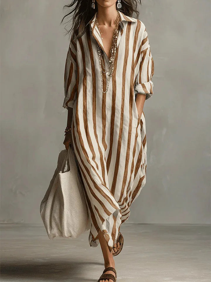 Collared Long Sleeve Striped Oversized Shirt Maxi Dress 7