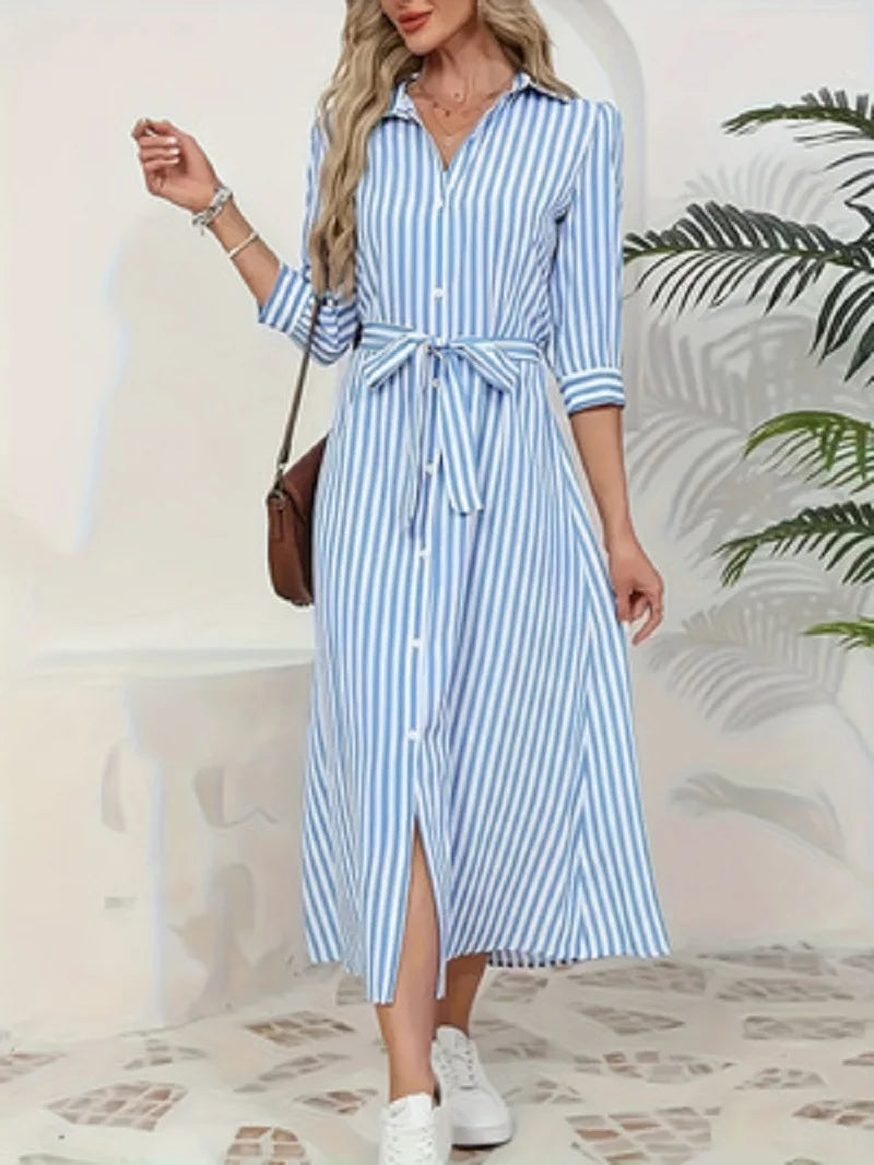 Blue Collared Striped Button Front Tie Waist Midi Shirt Dress