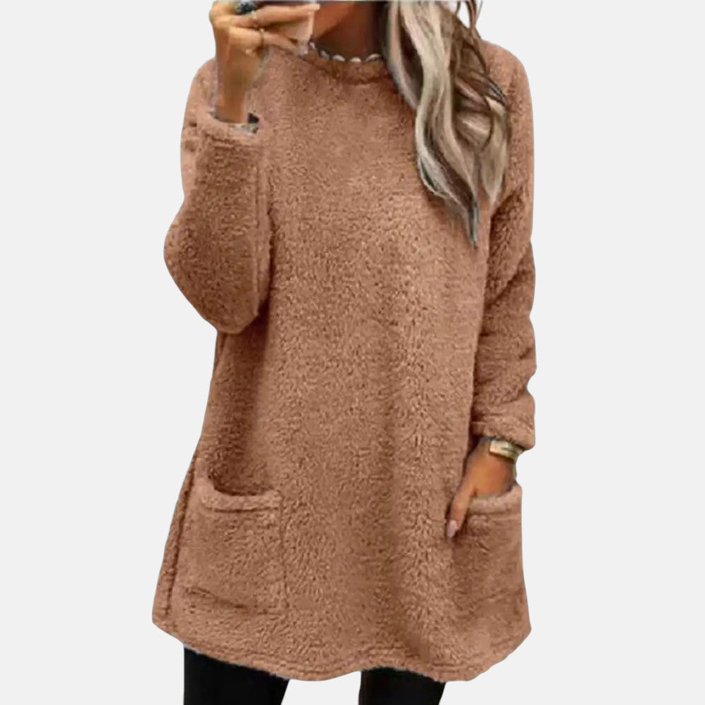 Round Neck Fuzzy Fleece Long Sleeve Pocket Tunic Sweater