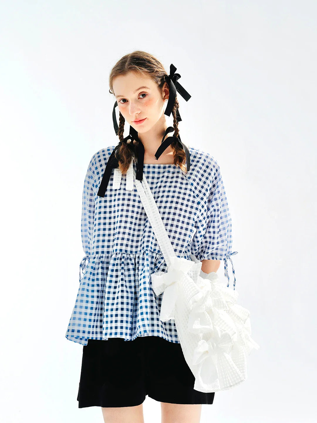 Plaid Laceup Short Sleeve Tshirt Blouse