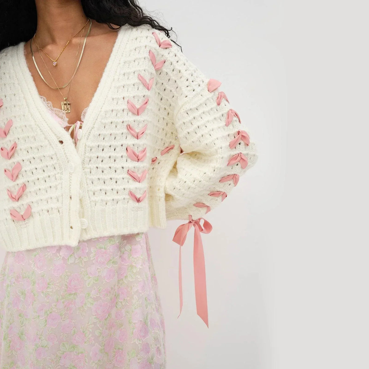 White V-Neck Ribbon Bow Pointelle Knit Cropped Cardigan