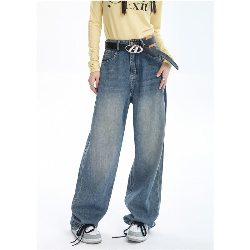 Contrasting Wide Colors for Pants Jeans High Blue Waist Leg with Women