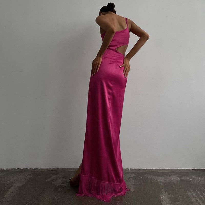 Spaghetti Strap Satin Cutout Fringe Hem High Slit Maxi Dress 10