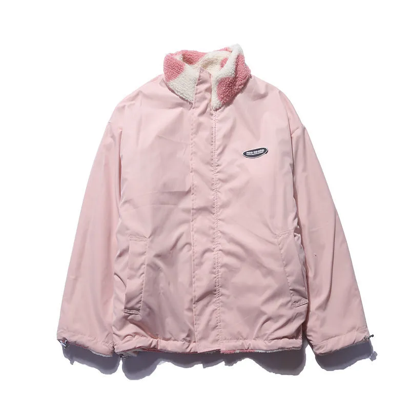 Stand Collar Heart Print Reversible Padded Zip Coat 2